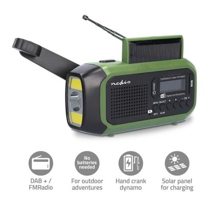 DAB+/FM-raadio käsikäivitusega, päikesepaneeliga ja integreeritud LED-taskulambiga, 5V/2500 mAh, roheline/must