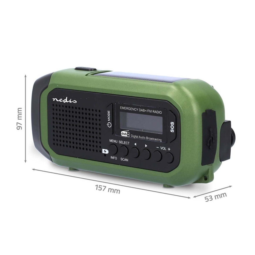 DAB+/FM-raadio käsikäivitusega, päikesepaneeliga ja integreeritud LED-taskulambiga, 5V/2500 mAh, roheline/must