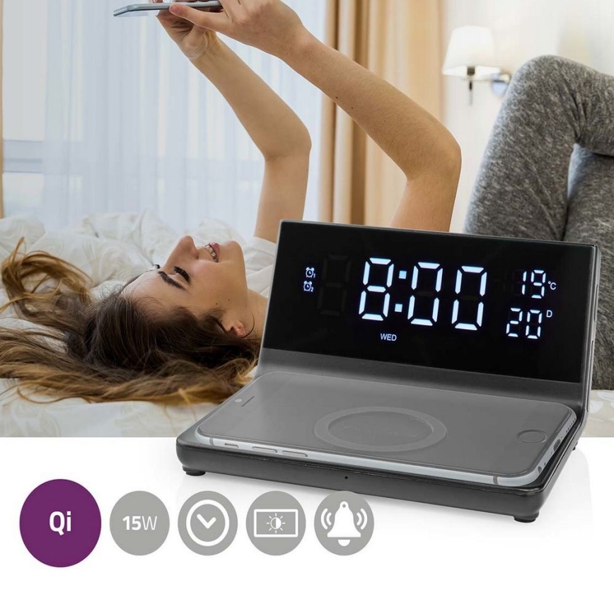 Äratuskell LCD ekraaniga ja juhtmevaba laadija 15W/230V + 1xCR2032 must