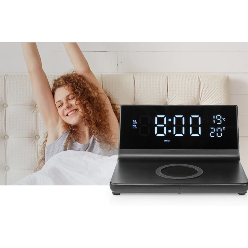 Äratuskell LCD ekraaniga ja juhtmevaba laadija 15W/230V + 1xCR2032 must
