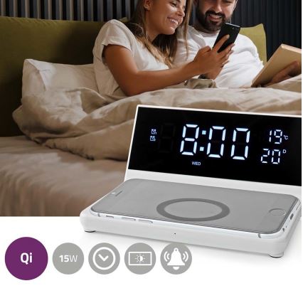 Äratuskell LCD ekraaniga ja juhtmevaba laadija 15W/230V + 1xCR2032 valge