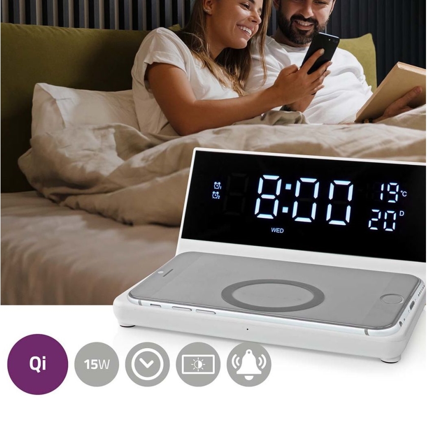 Äratuskell LCD ekraaniga ja juhtmevaba laadija 15W/230V + 1xCR2032 valge
