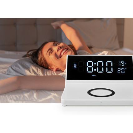 Äratuskell LCD ekraaniga ja juhtmevaba laadija 15W/230V + 1xCR2032 valge