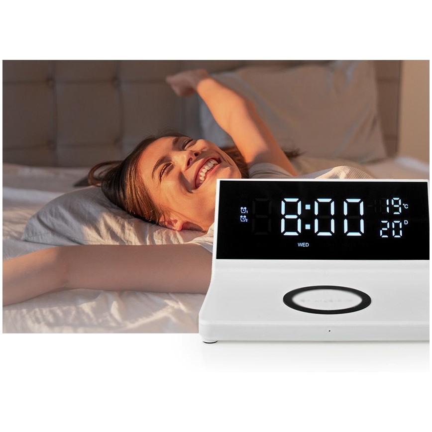Äratuskell LCD ekraaniga ja juhtmevaba laadija 15W/230V + 1xCR2032 valge