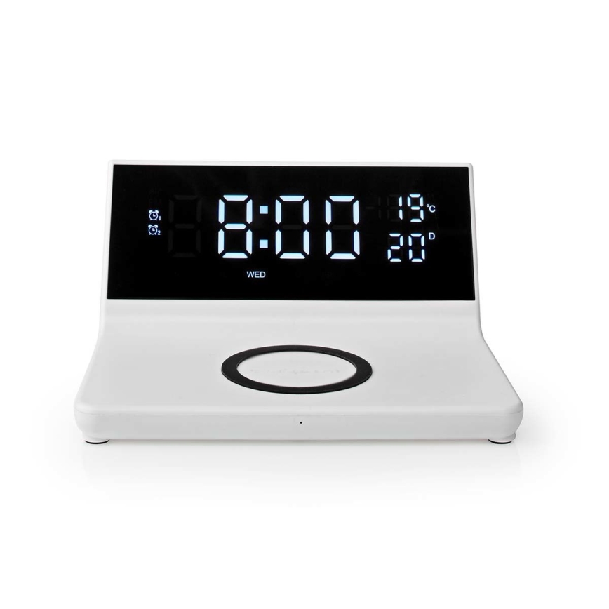 Äratuskell LCD ekraaniga ja juhtmevaba laadija 15W/230V + 1xCR2032 valge