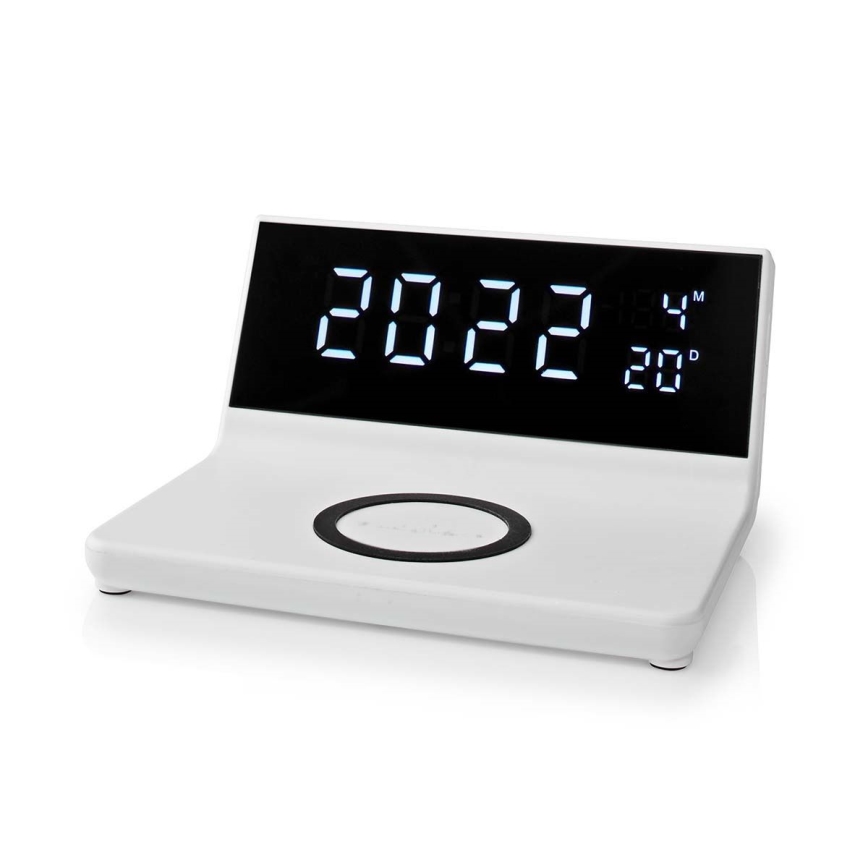 Äratuskell LCD ekraaniga ja juhtmevaba laadija 15W/230V + 1xCR2032 valge