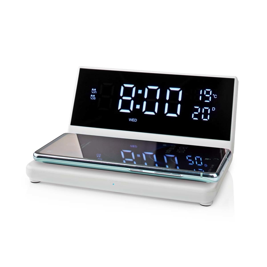 Äratuskell LCD ekraaniga ja juhtmevaba laadija 15W/230V + 1xCR2032 valge
