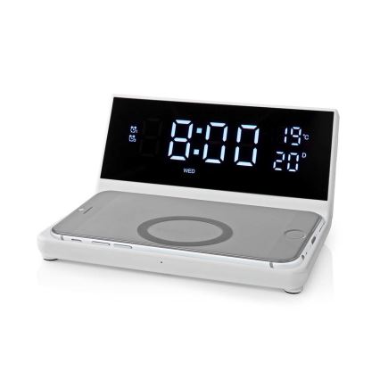 Äratuskell LCD ekraaniga ja juhtmevaba laadija 15W/230V + 1xCR2032 valge