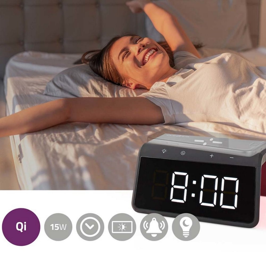 Äratuskell LCD ekraaniga ja juhtmevaba laadija 15W/230V 1x CR2032 must