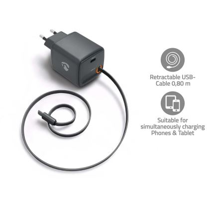 Kokkutõmmatava kaabliga Power Delivery 65W laadija, 2× USB-C, must
