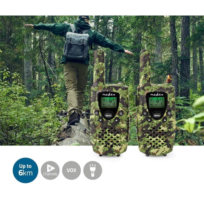 Komplekt 2x Raadiosaatja LED valgustusega 3xAAA ulatus 8 km kamuflaaž