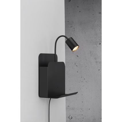Nordlux - Kohtvalgusti seinale koos riiuliga ja USB ROOMI 1xGU10/8W/230V must