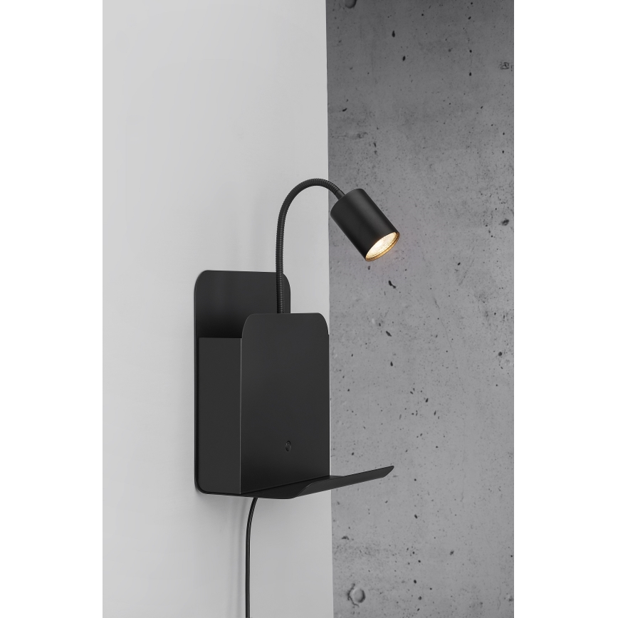Nordlux - Kohtvalgusti seinale koos riiuliga ja USB ROOMI 1xGU10/8W/230V must