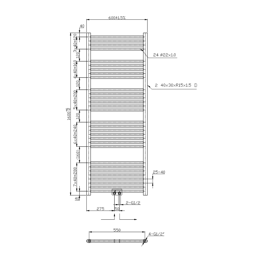 Novaservis - Vannitoa redelradiaator 544W/230V 160x60 cm läikiv kroom sirge