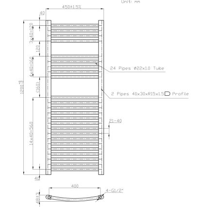 Novaservis - Vannitoa redelradiaator 490W/230V 120x45 cm, valge, ümardatud