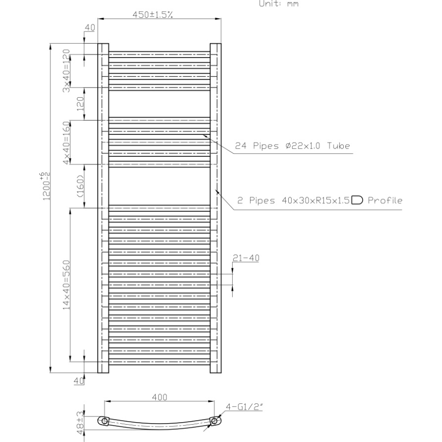 Novaservis - Vannitoa redelradiaator 490W/230V 120x45 cm, valge, ümardatud
