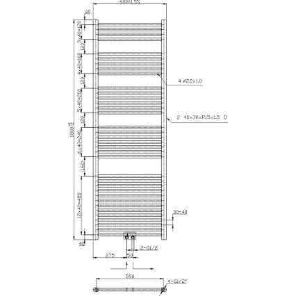 Novaservis - vannitoa redelradiaator 630W/230V 180x60 cm, läikiv kroom, sirge