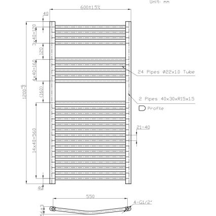 Novaservis - Vannitoa redelradiaator 644W/230V 120x60 cm, valge, ümar