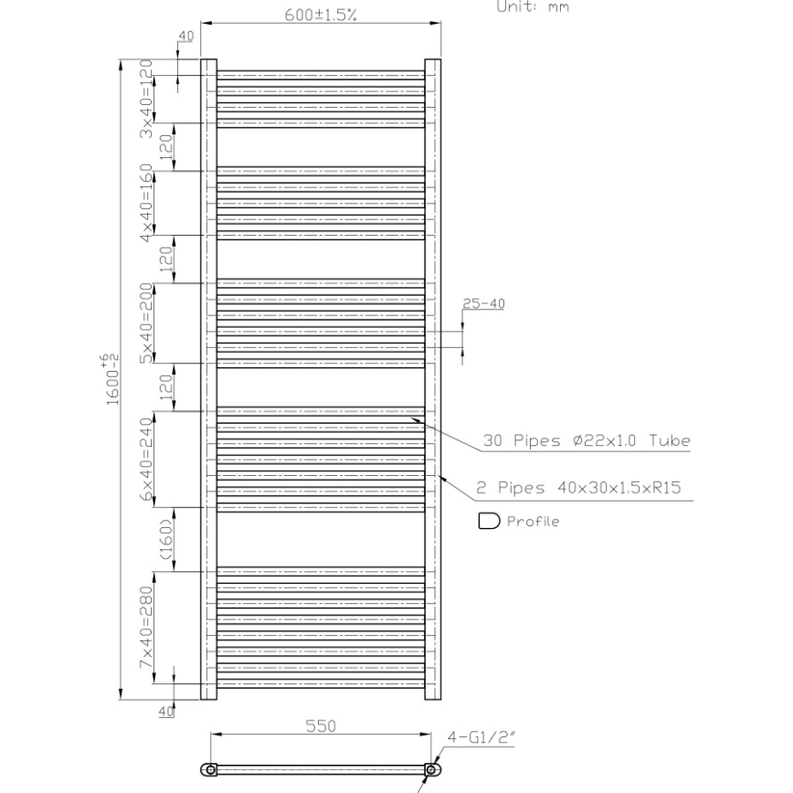 Novaservis - Vannitoa redelradiaator 836W/230V 160x60 cm valge sirge