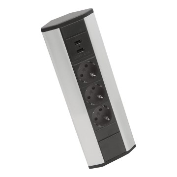 Nurgapistikupesatorn 3x230V + 2xUSB-A must/hõbedane