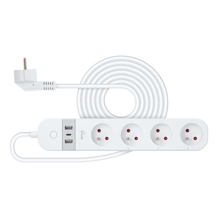 Nutikas pikendus kaabel lülitiga 4Z Tüüp E + 2x USB-A + 1x USB-C 1,5m Wi-Fi Tuya valge