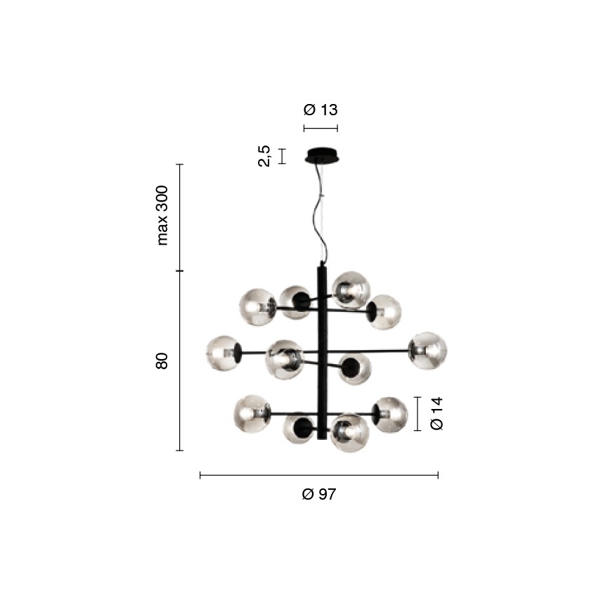 Ondaluce - Ripplühter kaabliga ELISEO 12×E14/10W/230V, läbimõõt 97 cm, kuldne/suitsune beež
