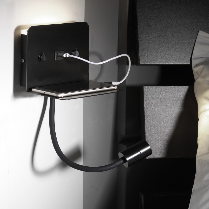 ONLI - LED Paindlik väike lamp riiuliga ja USB laadimisega PLAK LED/1W/230V must
