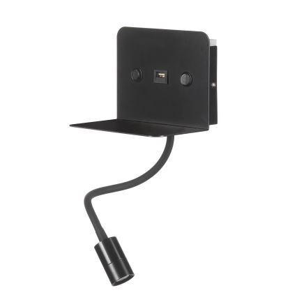 ONLI - LED Paindlik väike lamp riiuliga ja USB laadimisega PLAK LED/1W/230V must