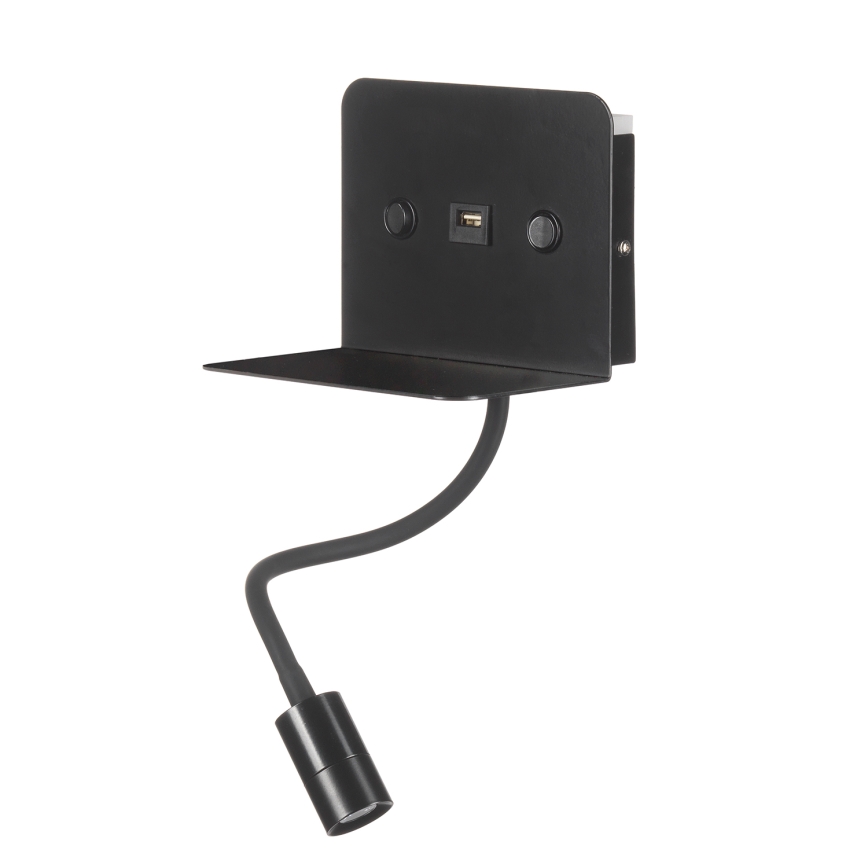 ONLI - LED Paindlik väike lamp riiuliga ja USB laadimisega PLAK LED/1W/230V must