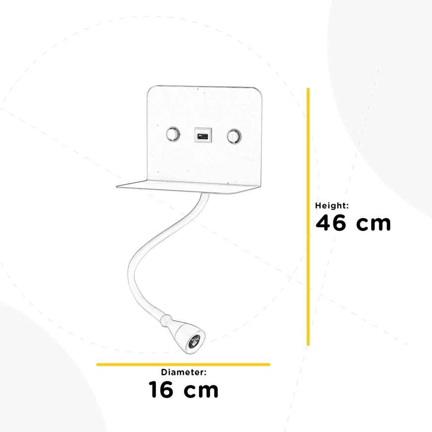 ONLI - LED Paindlik väike lamp riiuliga ja USB laadimisega PLAK LED/1W/230V must