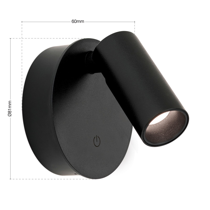 LUXY LED/1W/5V hämardatav, laetav puutekontrolliga seinapunktvalgusti 2200 mAh 2700/3000/4000K must