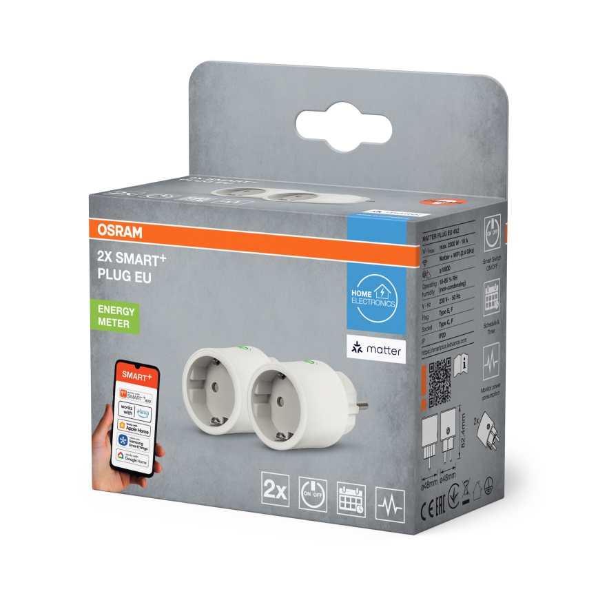 Osram - Komplekt 2x nutipistik SMART+ MATTER SCHUKO 2300W/230V/10A Wi-Fi valge