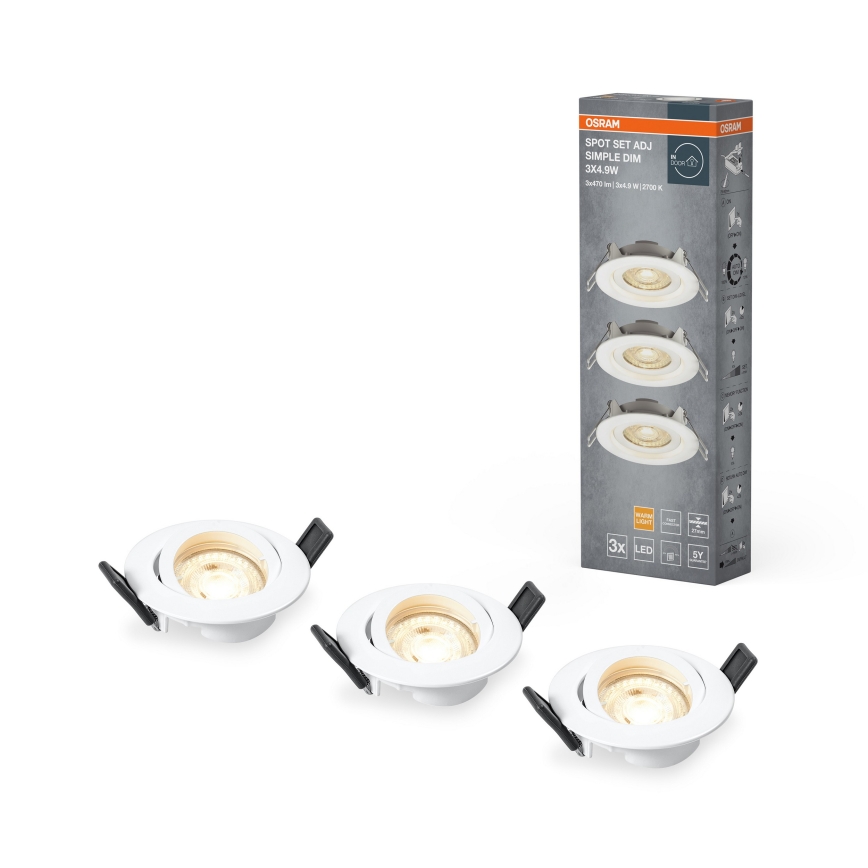 Osram - Komplekt 3x hämardatavat süvistatavat LED-laevalgustit SPOT LED/4,9W/230V 2700K, läbimõõt 8,7 cm, valge