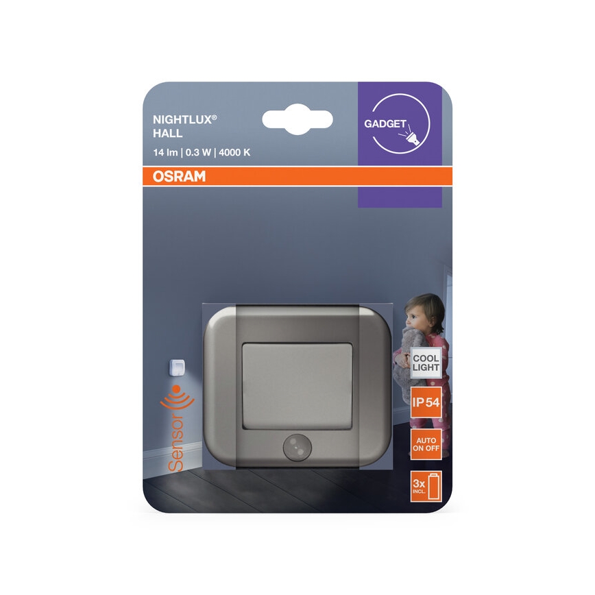 Osram - LED öövalgusti anduriga NIGHTLUX LED/0,3W/3xAAA IP54 hõbedane