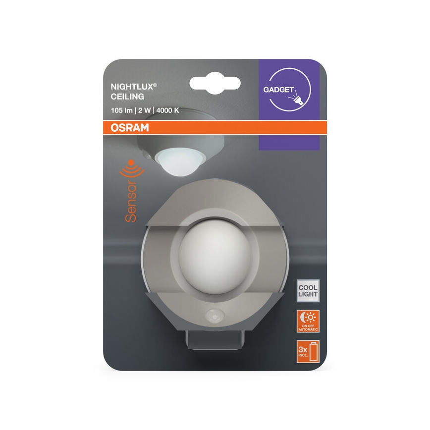 Osram - LED-öövalgusti anduriga NIGHTLUX LED/2W/3xAA hõbedane