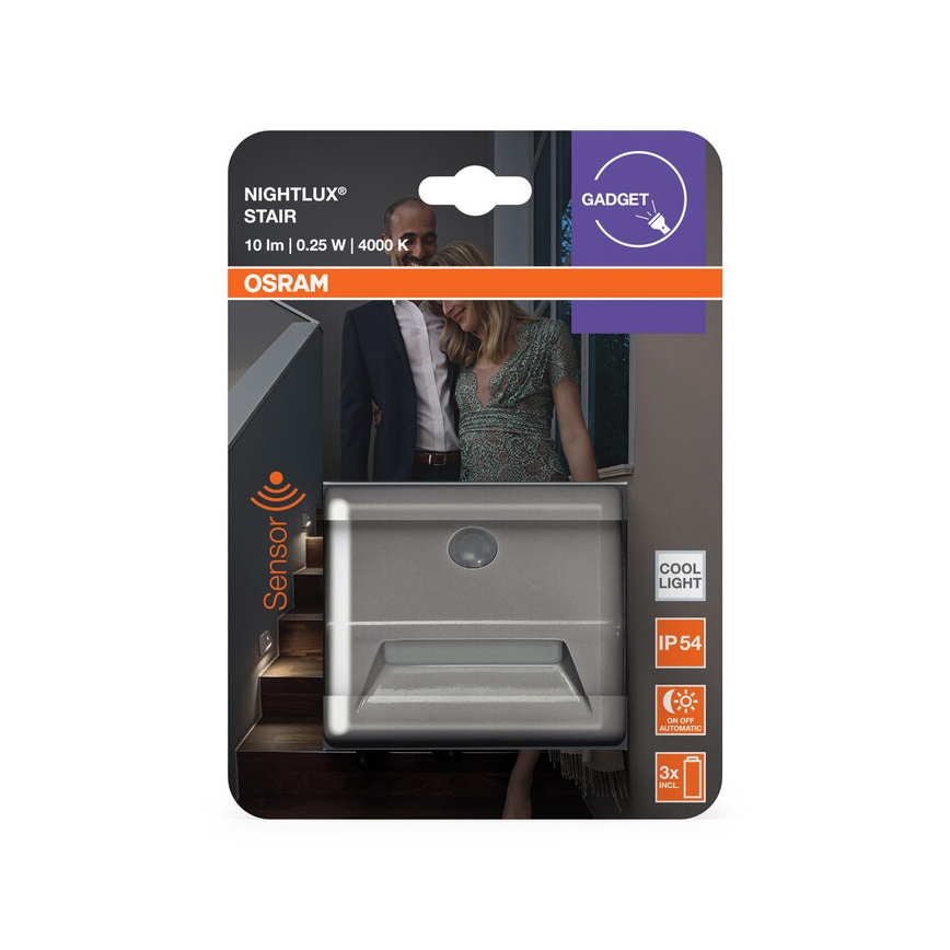 Osram - LED trepivalgusti anduriga NIGHTLUX LED/0,25W/3xAAA IP54 hõbedane