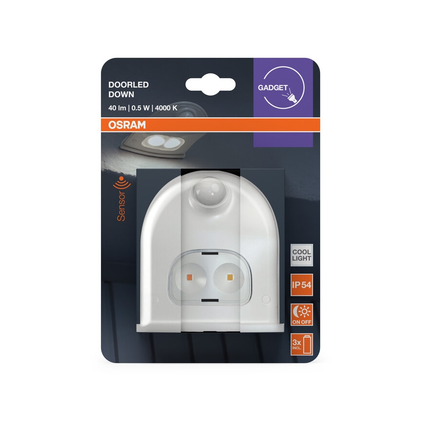 Osram - LED välisseinale mõeldud seinavalgusti liikumisanduriga DOORLED LED/0,5W/3xAA IP54 valge