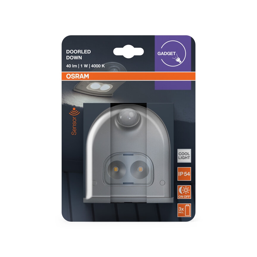 Osram - LED välisseinavalgusti anduriga DOORLED LED/0,5W/3xAA IP54 hõbedane