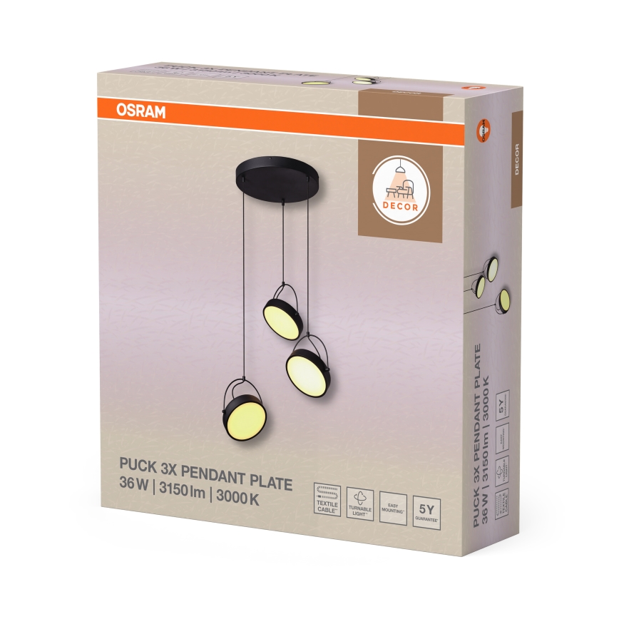 Osram - riputuskaabliga LED-rippvalgusti DECOR PUCK 3xLED/12W/230V CRI 90 must