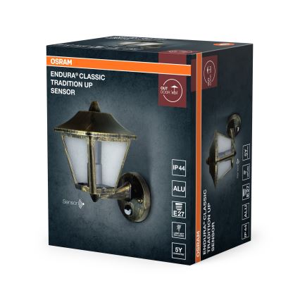 Osram - Väline seinalamp liikumisanduriga TRADITION UP 1xE27/60W/230V IP44 patina/kuldne