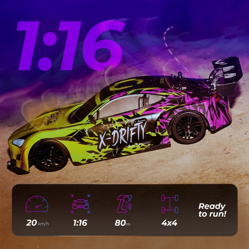 Overmax - kaugjuhitav RC-driftauto X-DRIFT 1000 mAh kollane/lilla