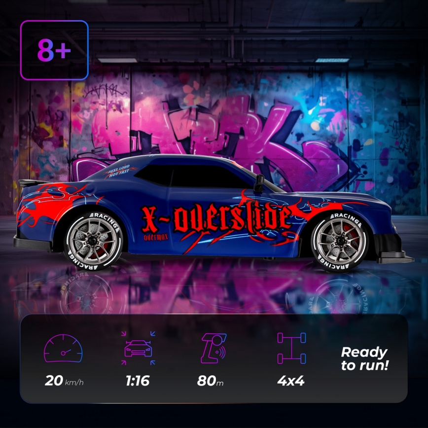 Overmax - RC driftauto kaugjuhtimispuldiga X-OVERSLIDE 1000 mAh must/roheline/sinine/punane