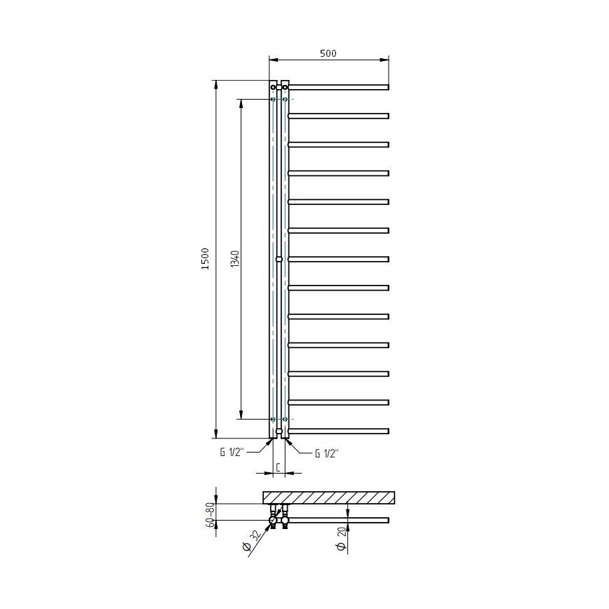 P.M.H. AP2C-L - Vannitoa rätikuivati APOLLO 219W 150 cm vasakpoolne läikiv kroom