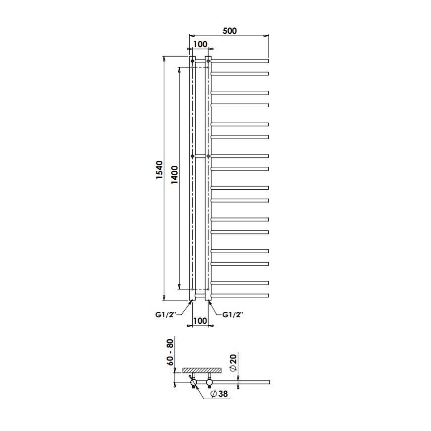 P.M.H. T2W - Vannitoa rätikuradiaator THEIA 352W 154 cm parempoolne/valge
