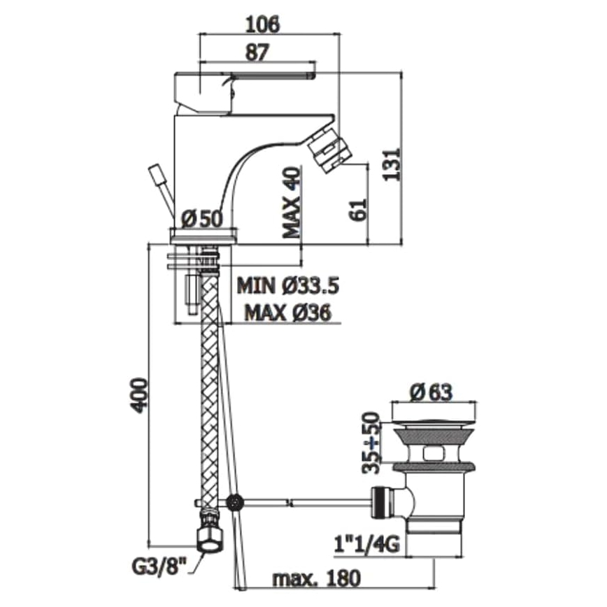 Paffoni - bidee segisti + äravool RED läikiv kroom