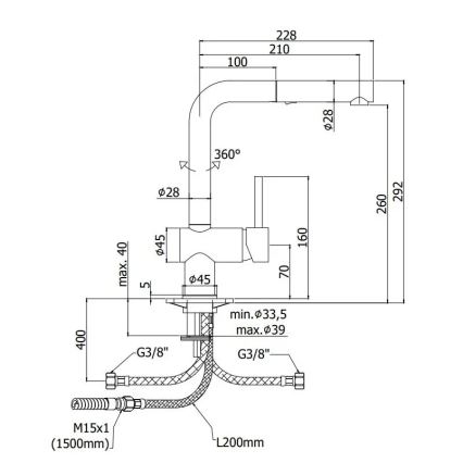 Paffoni - köögisegisti LIGHT 29,2 cm väljatõmmatava otsikuga, must