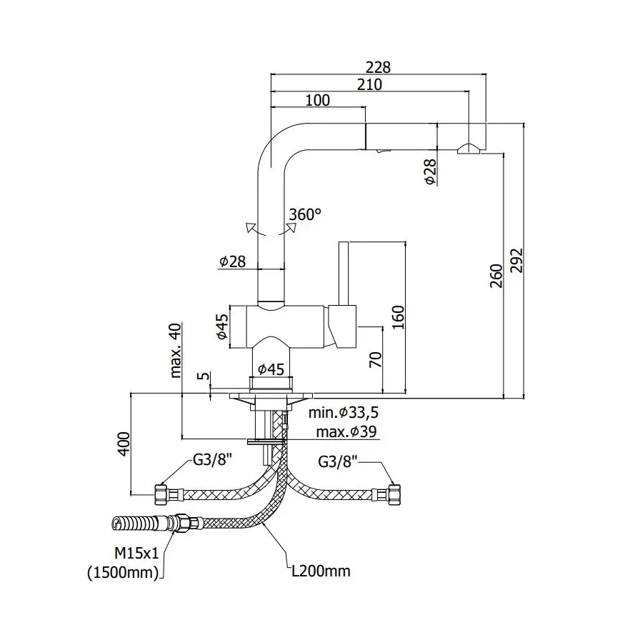 Paffoni - köögisegisti LIGHT 29,2 cm väljatõmmatava otsikuga, must