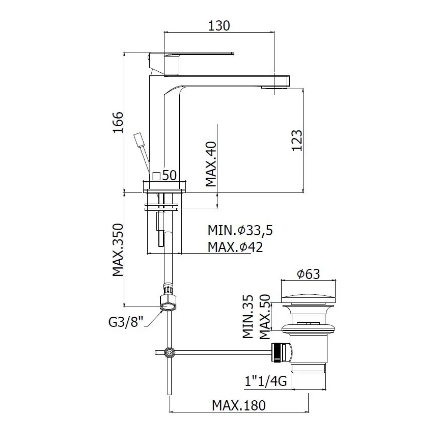 Paffoni - valamu segisti + äravool TANGO roostevaba teras
