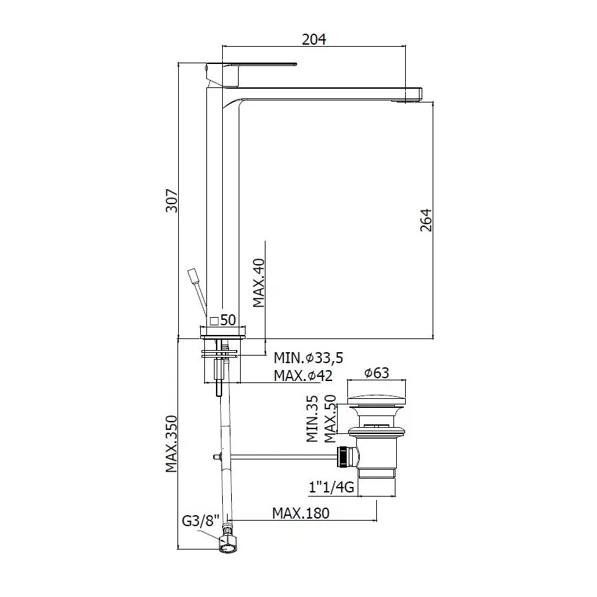 Paffoni - valamu segisti + äravool TANGO, roostevaba teras