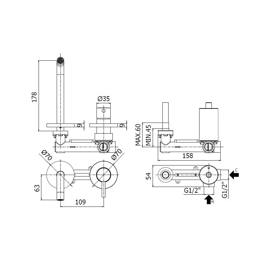 Paffoni - valamu segisti peidetud paigaldusega LIGHT, harjatud kuldne
